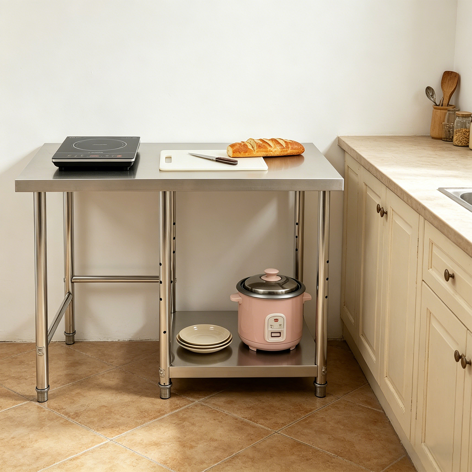 Commercial Kitchen Tables - 2 Tiers Stainless Steel Silver Table